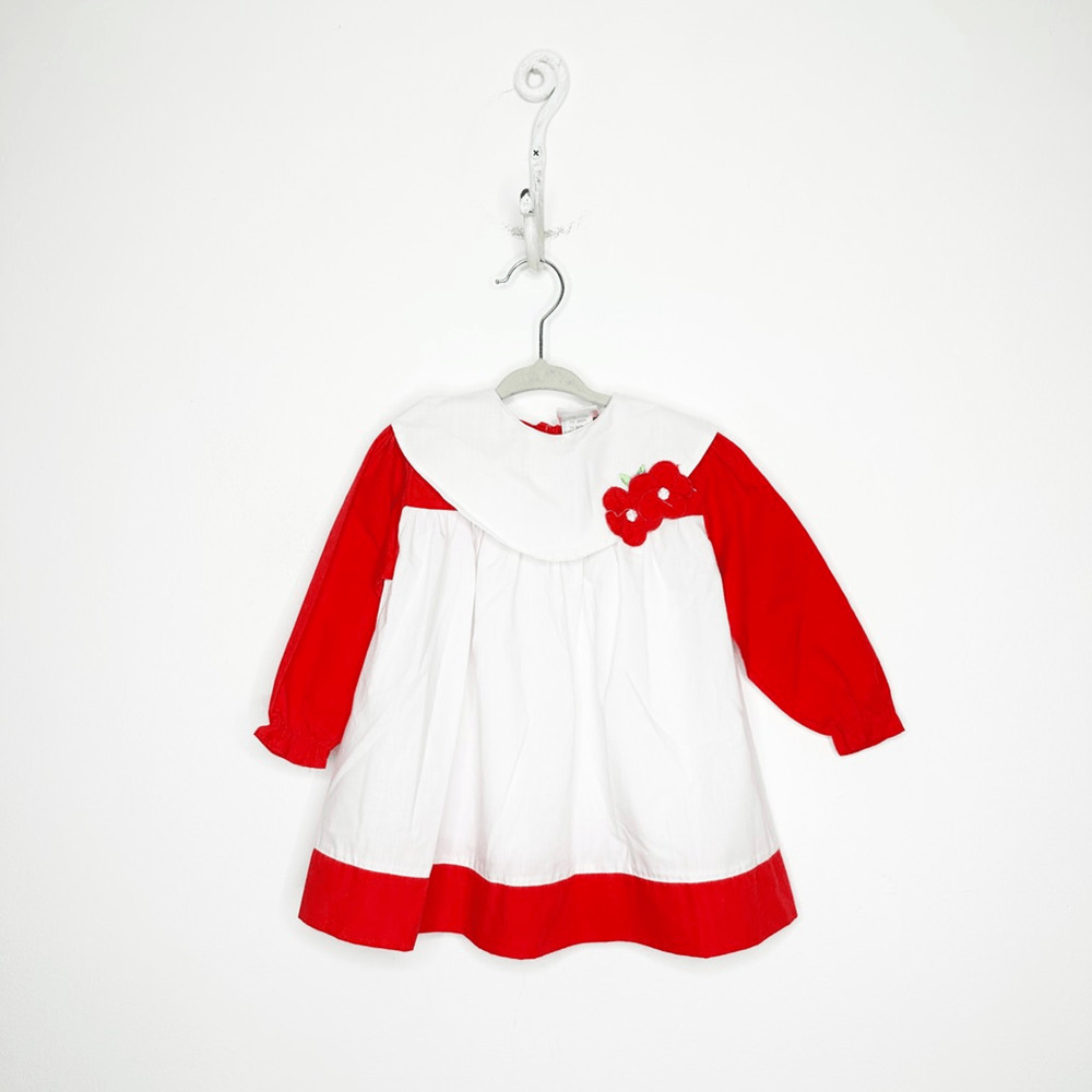 VTG 60s 70s MAYFAIR RED white pinafore dress long sleeve collar Baby Girl 24 M